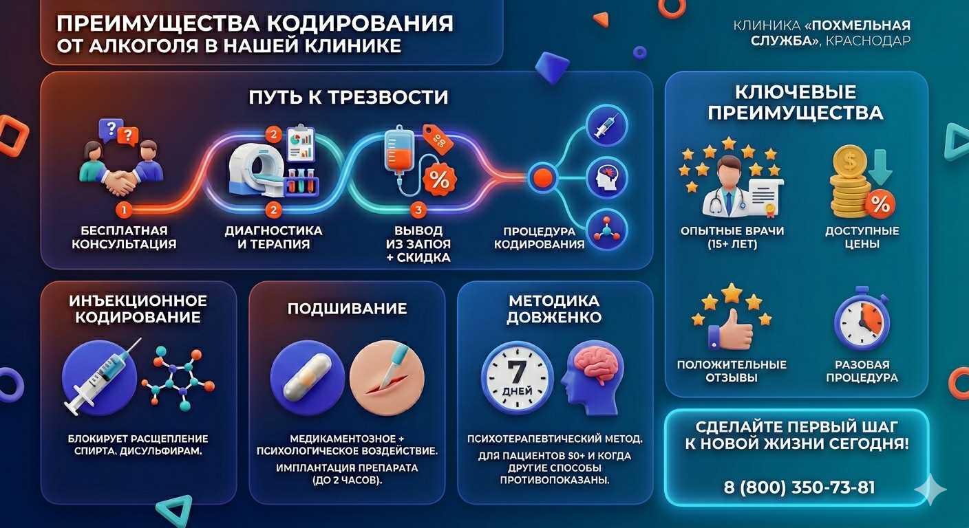 Инфографика о методах кодирования от алкоголя в Агинском: инъекции, подшивание, метод Довженко. Преимущества клиники и этапы лечения.