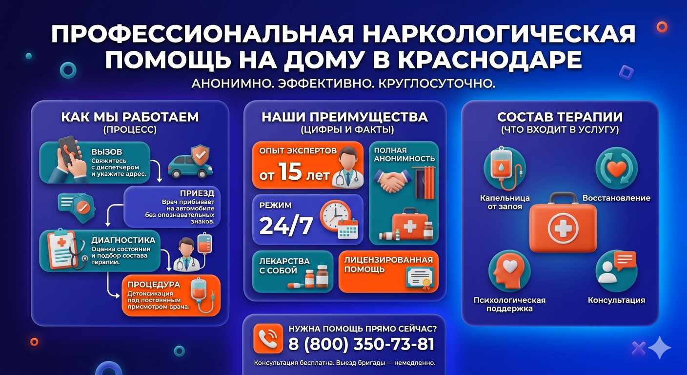 Инфографика о принципах лечения алкоголизма на дому в Агинском: этапы вызова нарколога, преимущества анонимной детоксикации и состав медицинской помощи.